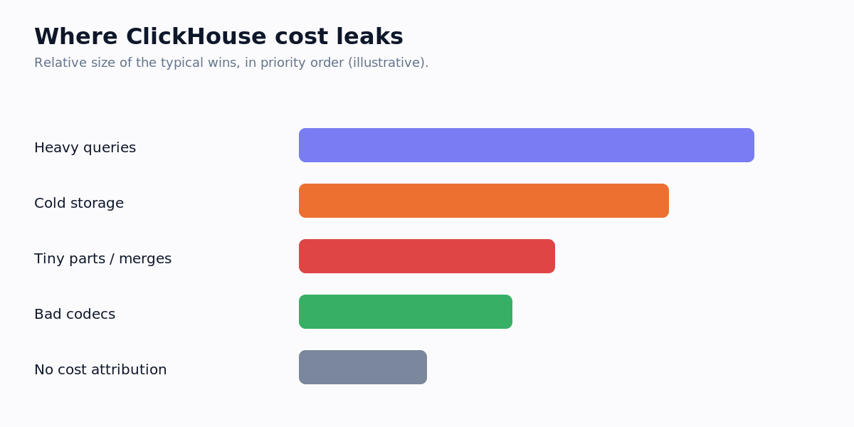 Horizontal bar chart of where ClickHouse cost leaks: heavy queries, cold storage, tiny parts, bad codecs, no attribution
